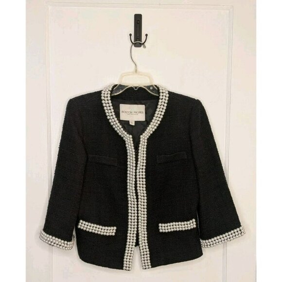 Boston Proper Jackets & Blazers - Size 14 Boston Proper Black Tweed Blazer Faux Pearls Trim